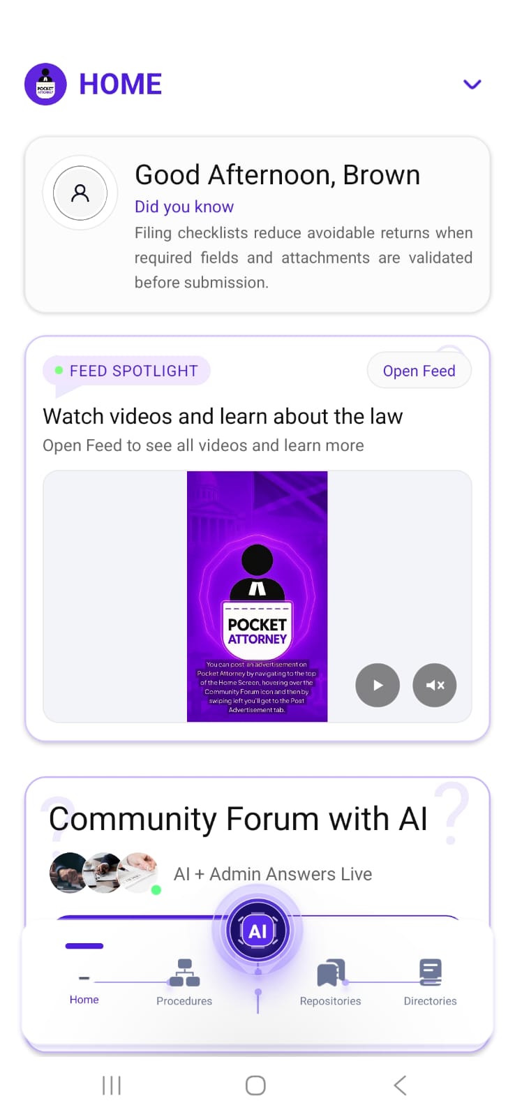 Pocket Attorney home screen