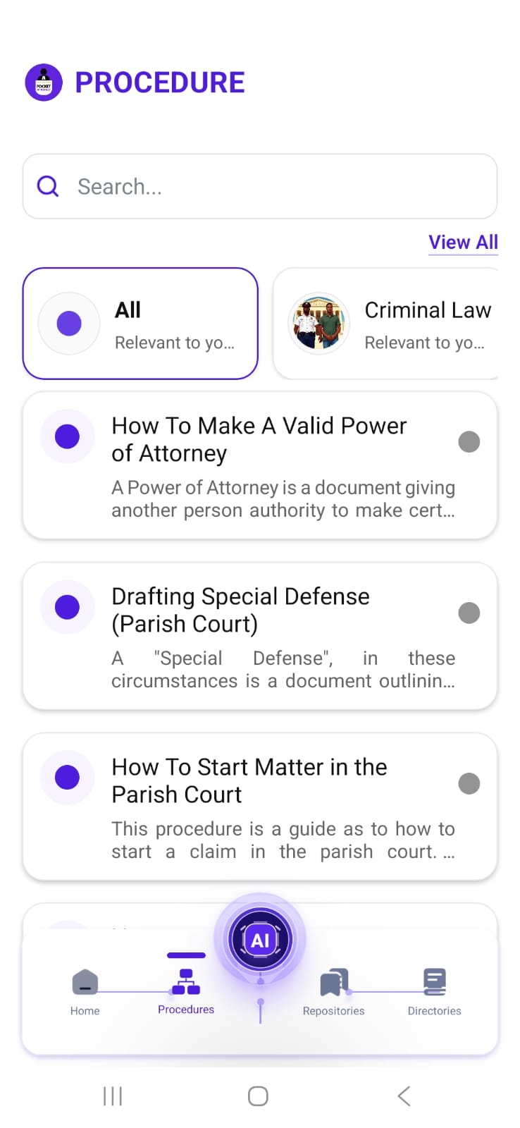 Pocket Attorney procedures screen