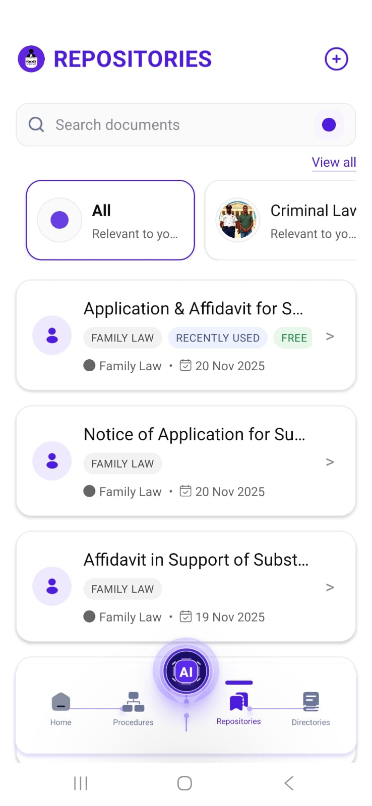 Pocket Attorney repositories screen