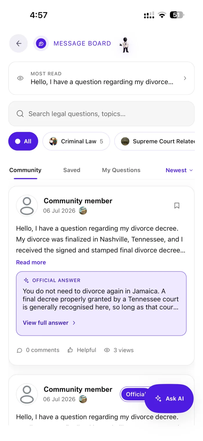 Pocket Attorney community message board screen
