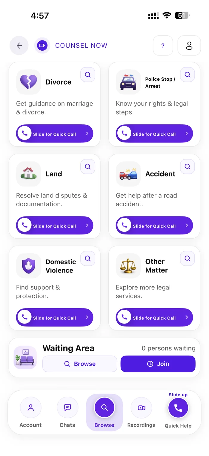 Pocket Attorney Counsel Now screen showing matter categories and the waiting area