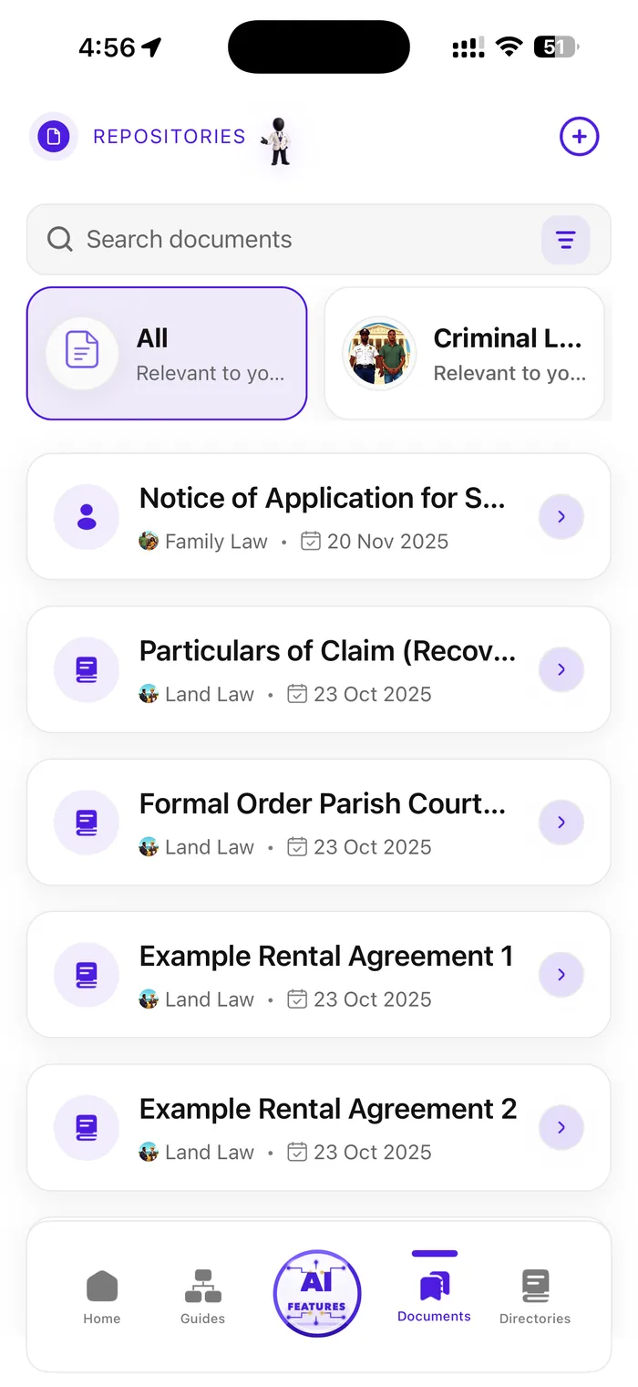 Pocket Attorney document library screen