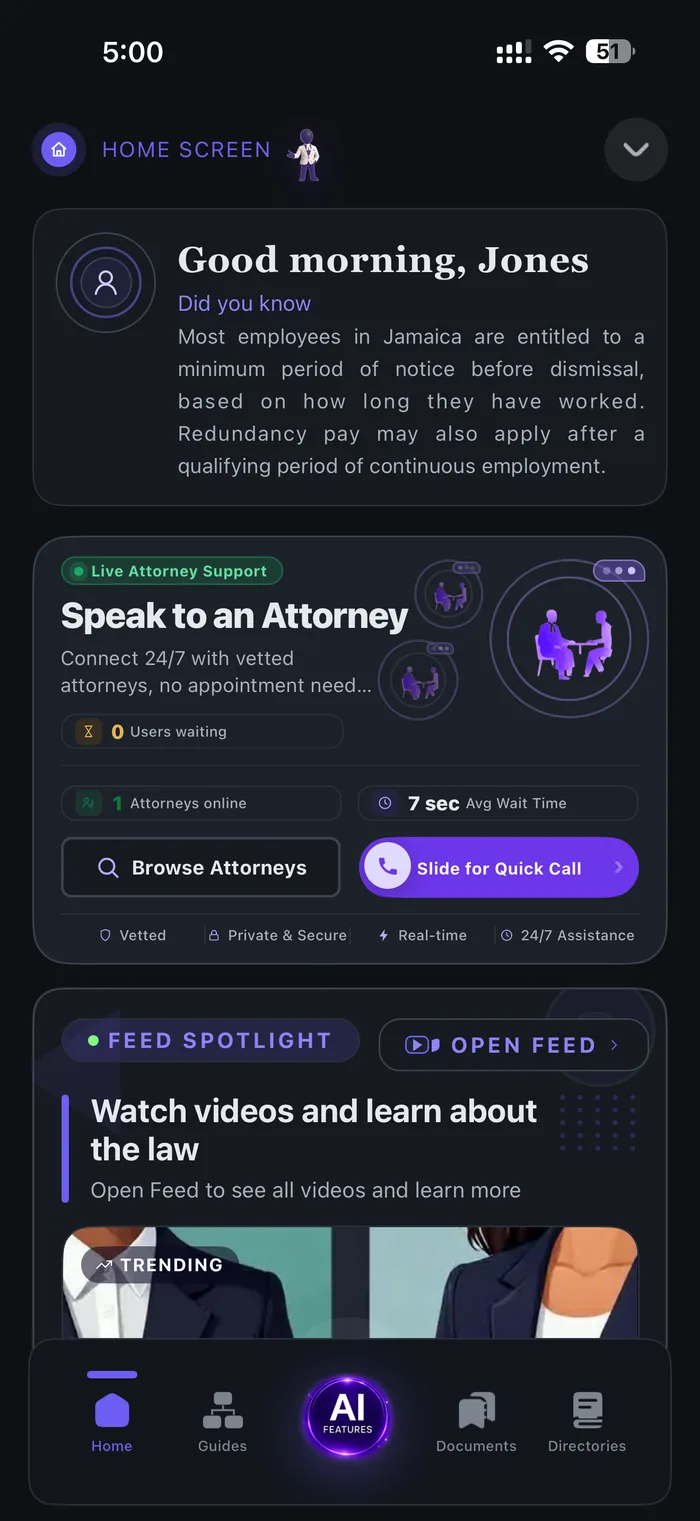 Pocket Attorney Home screen in dark mode
