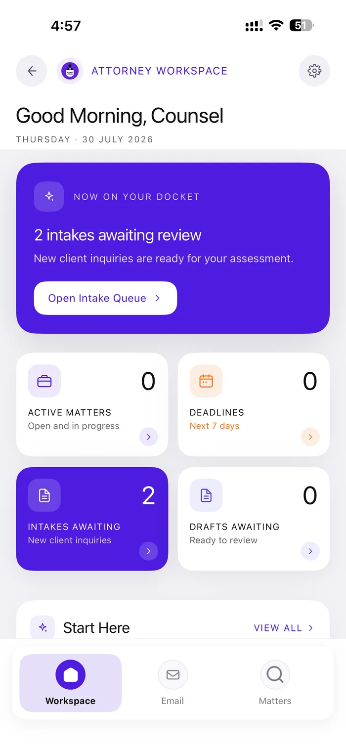Pocket Attorney Attorney Workspace docket screen
