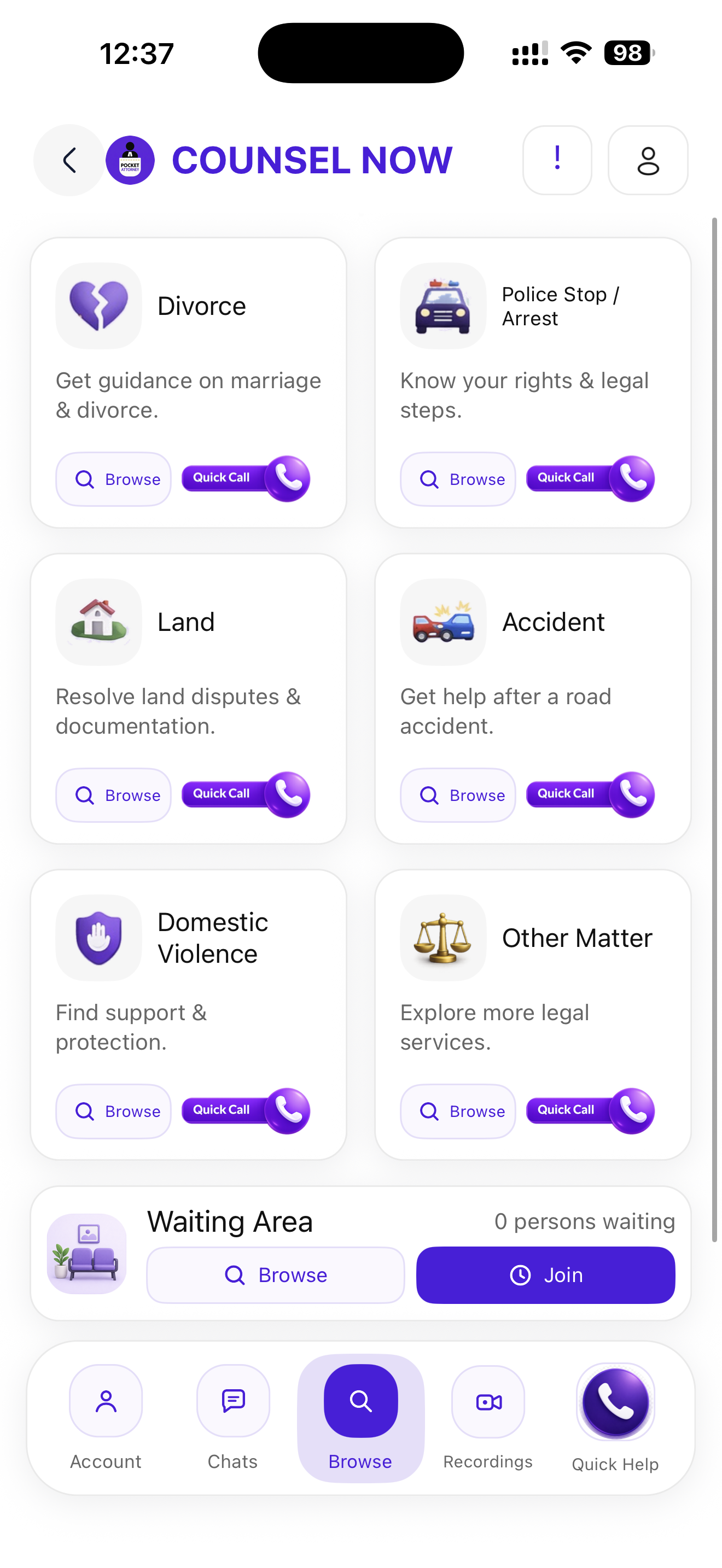 Current Pocket Attorney Counsel Now Browse screen